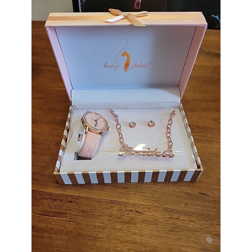 BABY PHAT WATCH PINK RHINESTONE NECKLACE GODDESS EARRINGS